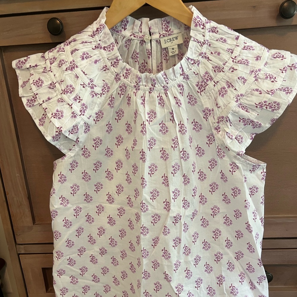J. Crew White Blouse with Purple Floral Print